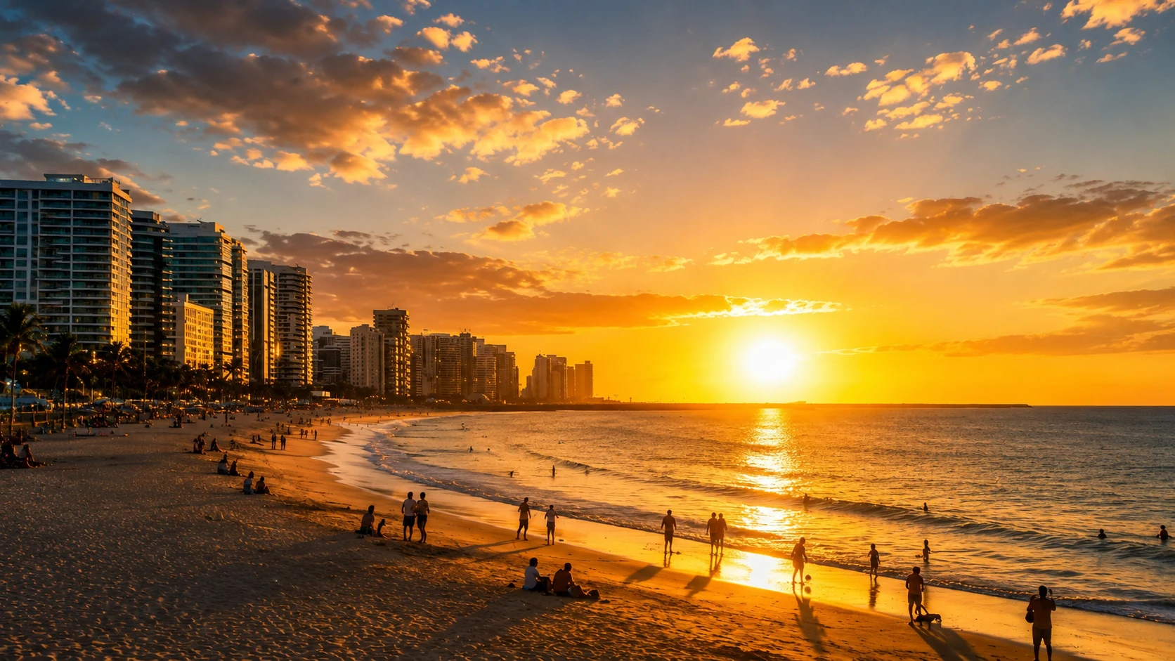 Praia de Iracema beach in Fortaleza at golden hour with the city skyline