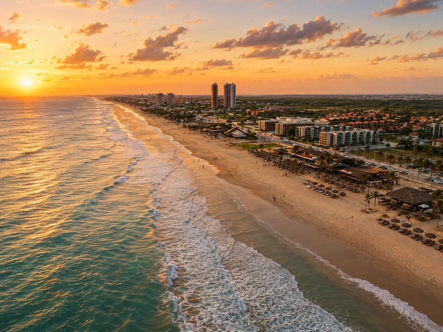Praia do Futuro beach in Fortaleza with barracas and palm trees lining the shore