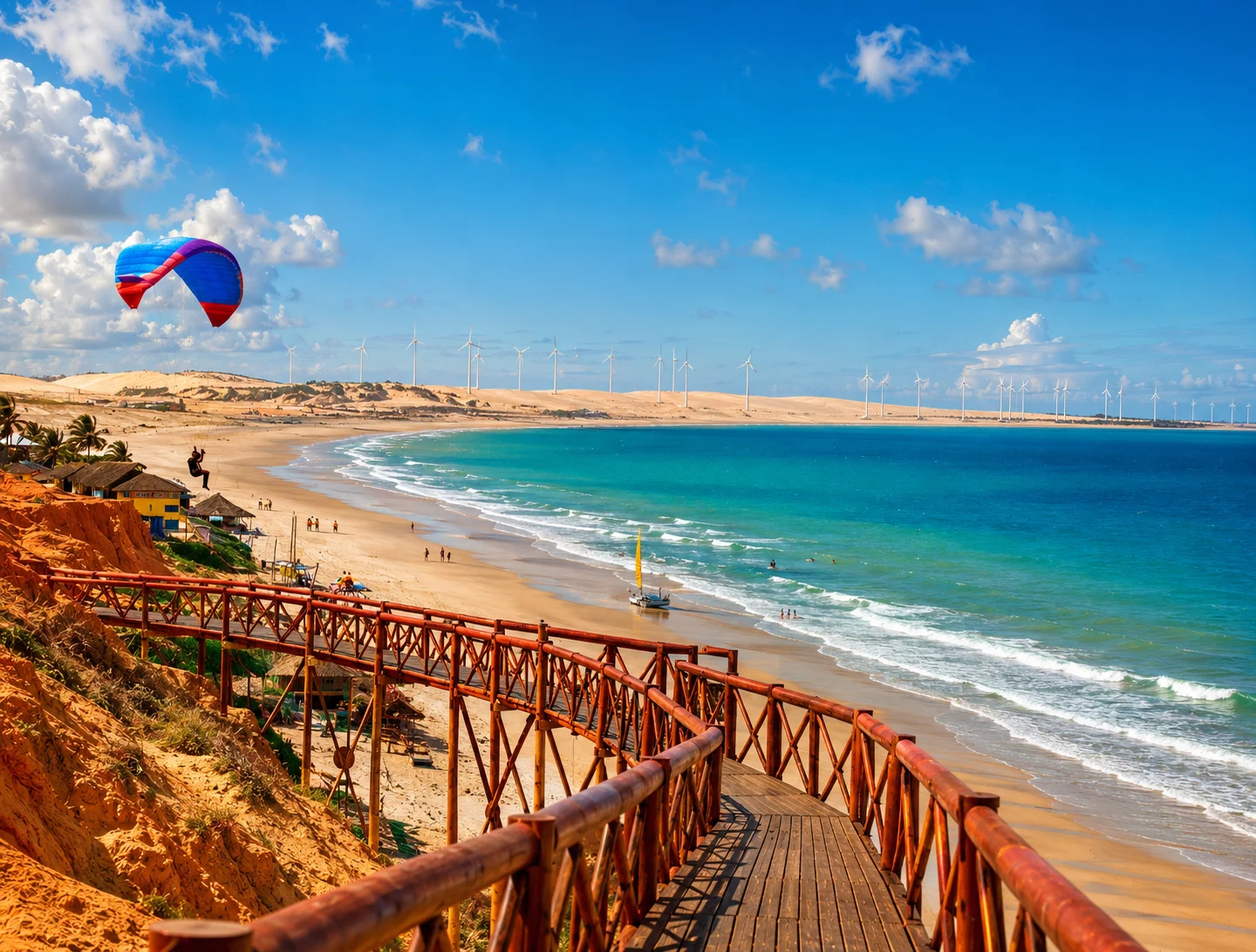 Canoa Quebrada beach in Ceará with a wooden walkway descending red sandstone cliffs