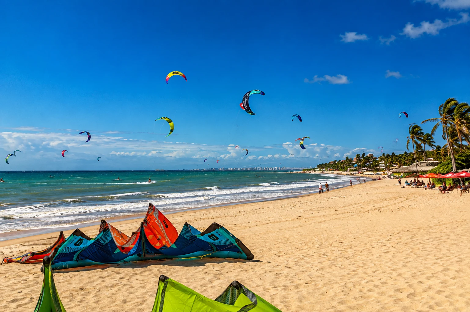 Kite surfers on the beach at Cumbuco, Ceará, with colourful kites filling the sky